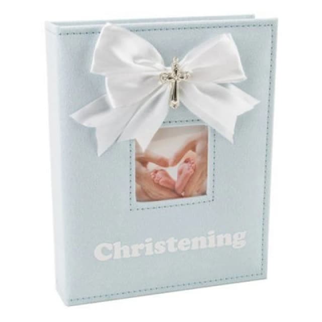 Happy Homewares White Faux-Silk Bow And Silver Plated Cross Christening Photo Album In Blue