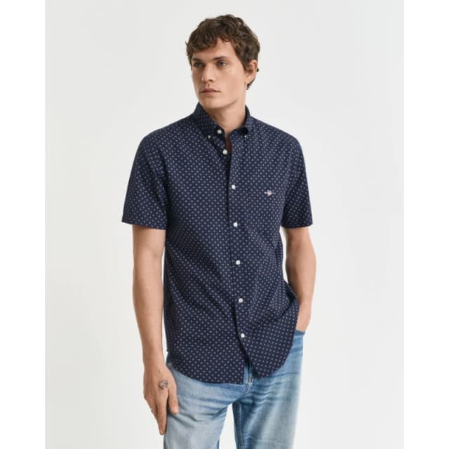 Gant Mens Micro Print Short Sleeve Shirt Evening Blue male S
