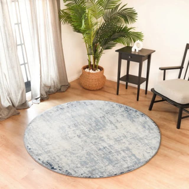 Livabliss Round Abstract Modern Marble Dark Blue Alix Area Rug 160 X 160 Cm - Easy Care, Non Shedding, Ideal For Living Room & Bedroom