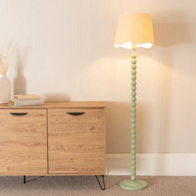 ValueLights Bobbins Sage Green Floor Lamp with Linen Scallop White Trim Shade and LED Bulb Pale Green