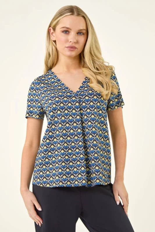 Roman Womens Petite Abstract V-Neck Stretch Top in Navy Size: 16 Navy Female 16