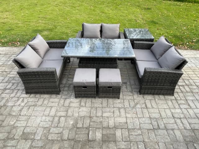 Fimous 7 pieces Outdoor Lounge Sofa Set Wicker PE Rattan Garden Furniture Set with Rising Lifting Table Double Seat Sofa Side Table in Dark Grey Dark