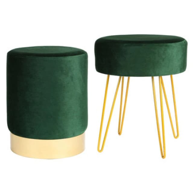 Harbour Housewares 2 Piece Velvet Footstools Set - Green - Round Luxe Living Room Bedroom Dressing Table Accent Pouffe