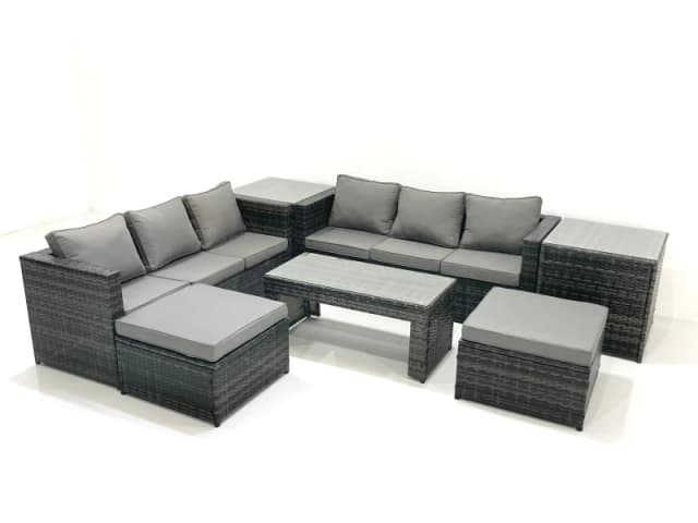 Fimous Garden Outdoor Rattan Furniture Set with Sofa Coffee table 2 Big Footstools 2 Side Tables Dark Grey Mixed Dark Grey