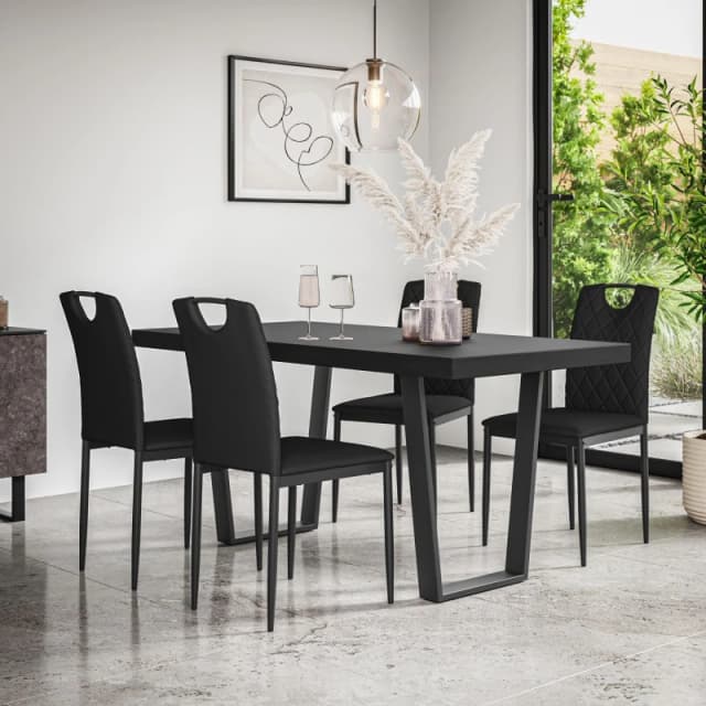 More4Homes Aria Dining Table And Chairs - Black Table Top W Black Legs + Monza Faux Leather Dining Chair Set Of 4 (Black)