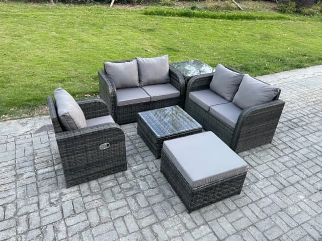 Fimous 6 Piece Garden Furniture Sets 6 Seater Outdoor Patio Furniture Set Weaving Wicker Rattan Sofa Chair and Table with Big Footstool Side Table Dar