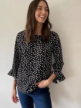 Wallis Spot Frill Sleeve Blouse - Black, Size 10, Women