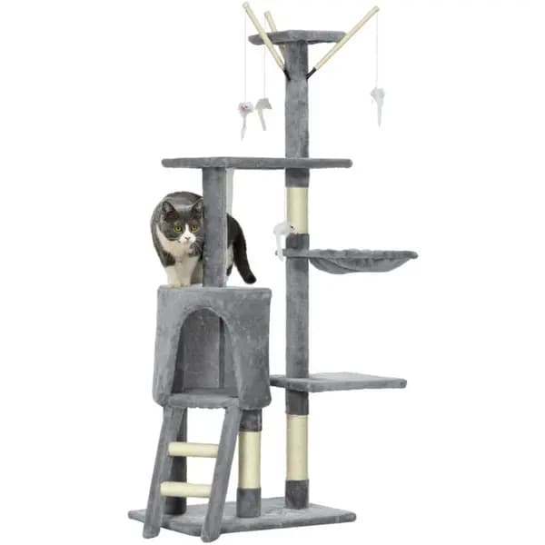 PawHut Cat Tree Kitty Activity Centre Scratching Post With Toys 5-tier Grey - Grey - Pawhut 5056725355357