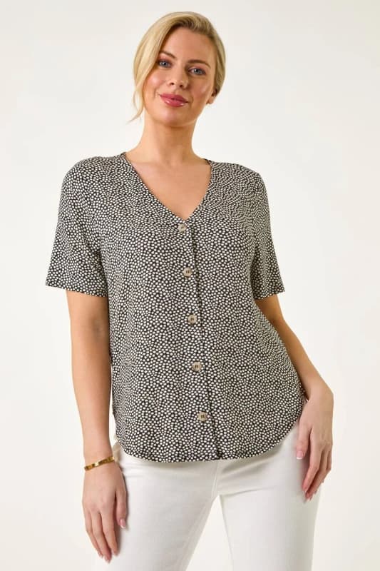 Roman Womens Petite Spot V-Neck Stretch Blouse in Black Size: 16 Black Female 16