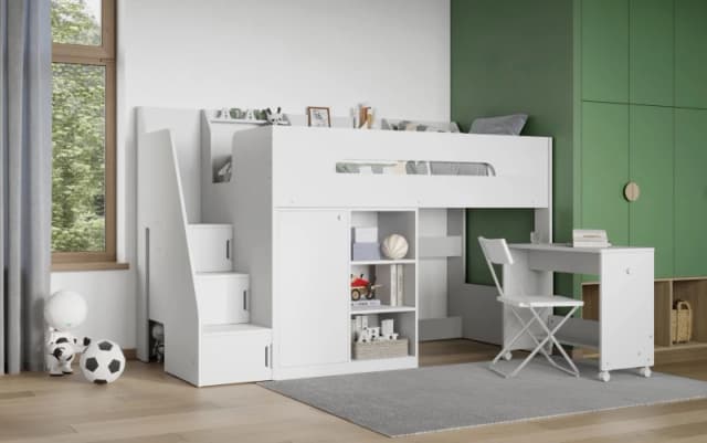 Flair Stepaside Staircase High Sleeper Workstation in White Size: Single White Unisex Single