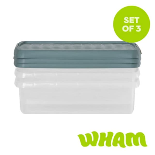 Wham Clip 3 X 7L Rectangular Plastic Storage Boxes With Clip Lock Lids. Ideal For Home, Office, Toys & More - Clear/green Milieu