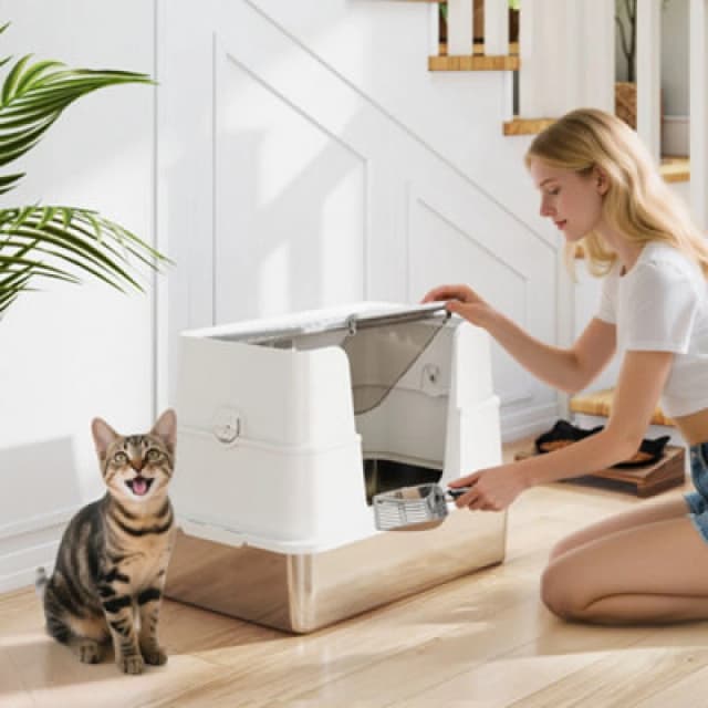 Pawhut Stainless Steel, Xl Cat Litter Tray, Dual Entry, Light Grey