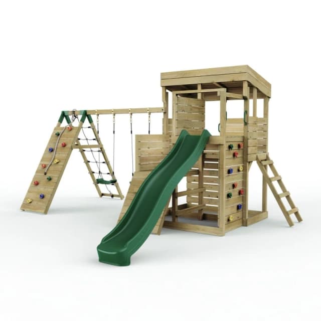 OutdoorToys 2 Tier XL Lookout Tower with Double Swing & Climbing Wall in Brown Brown Unisex