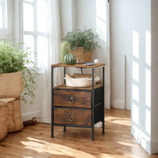 FURNOS Smart Bedside End Table With Drawers, USB Ports in Brown Brown Unisex