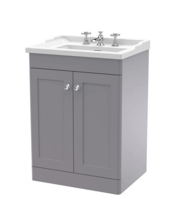 NUIE Classique Floor Standing 2-Door Vanity Unit with Traditional Basin 600mm Wide Satin Grey - 3 Tap Hole - Nuie CLC225G