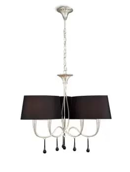 Paola Ceiling Pendant 3 Arm 6 Light E14, Silver Painted with Black Shades & Black Glass Droplets