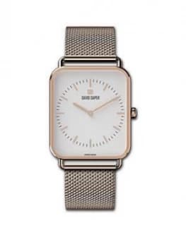David Daper David Daper White And Rose Gold 34Mm Tank Dial Rose Gold Stainless Steel Mesh Strap Watch
