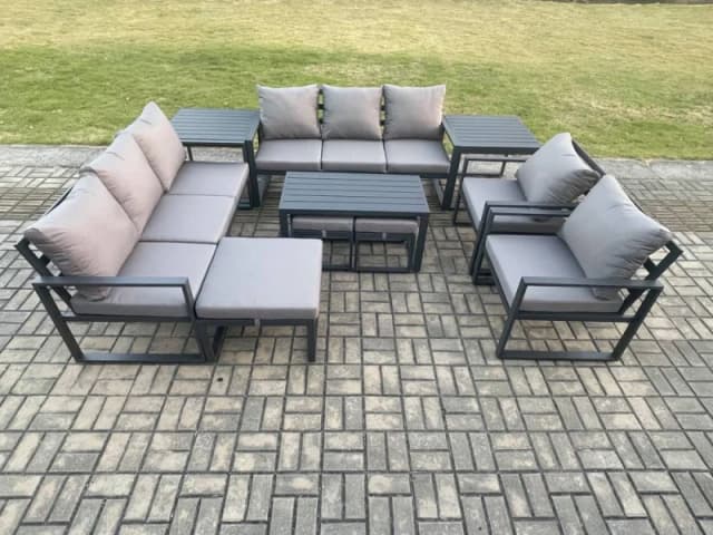 Fimous Aluminium Outdoor Garden Furniture Lounge Sofa 2 PC Chairs Oblong Coffee Table Sets with 2 Side Tables 3 Footstools Dark Grey Dark Grey Unisex