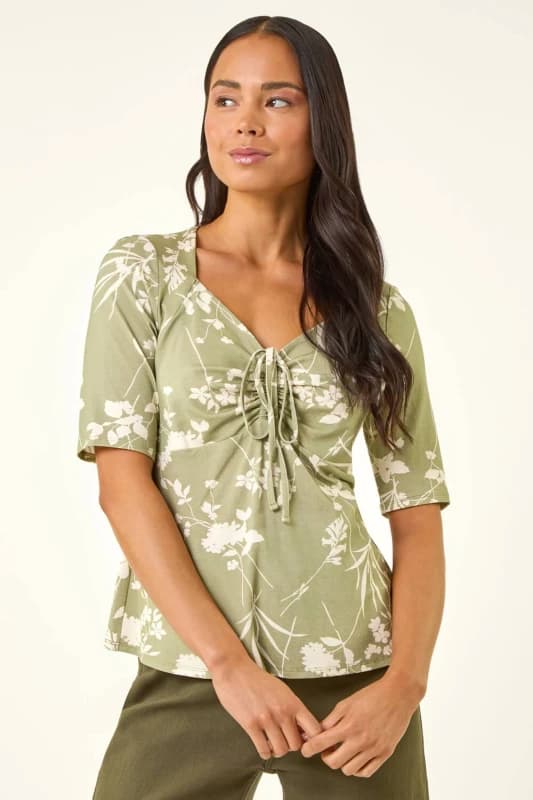 Roman Womens Petite Floral Print Drawstring Top in Khaki Size: 12 Khaki Female 12