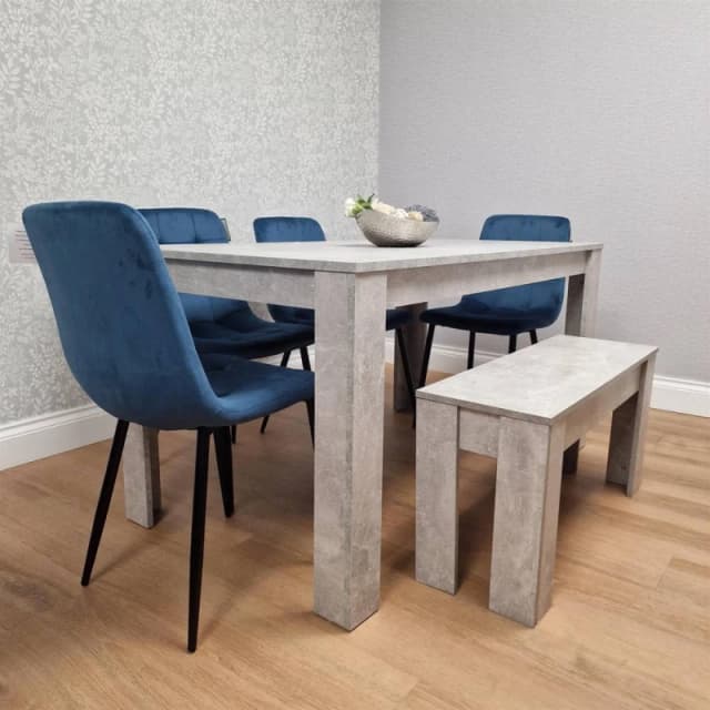 KOSY KOALA Modern Stone Grey Effect Dining with Bench & 4 Blue Velvet Chairs Blue Unisex