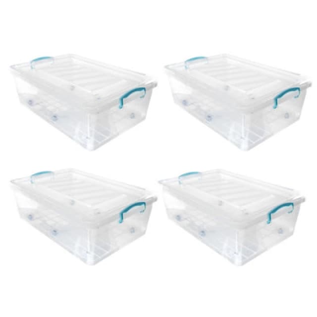 JVL Plastic Clip Lidded Underbed Storage Box with Wheels, Stackable & Nestable, Clear, Set of 4, 30L, Clear 13-549-4