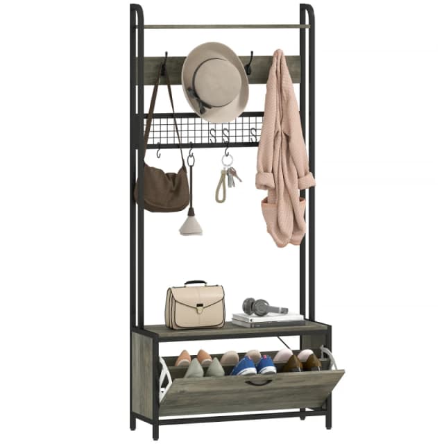 HOMCOM HOMCOM 5-In-1 Coat Rack with Shoe Storage Bench for Hallway Living Room in Grey Grey One Size Unisex 5063603844384