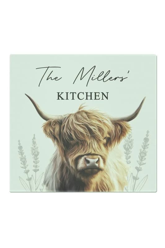 Personalised Memento Company Personalised Highland Cow Glass Chopping Board Clear