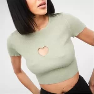 Missguided Petite Rib Heart Cut Out Crop Knit Top - Green