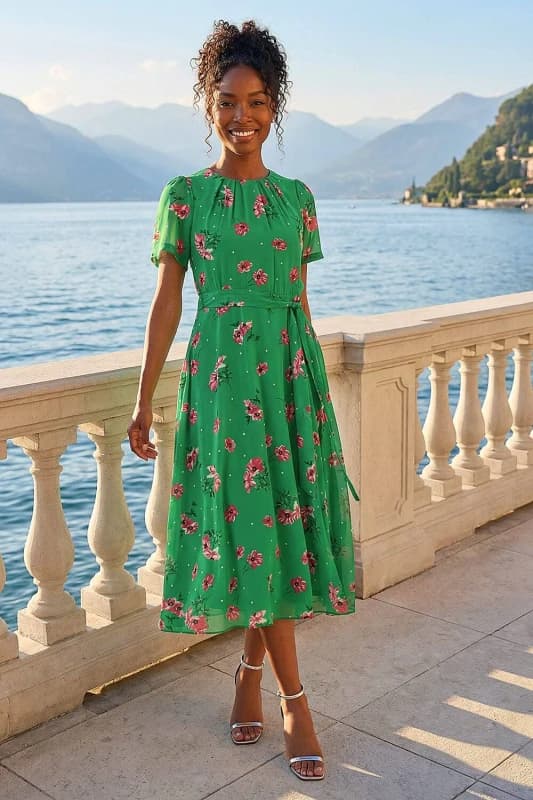 Roman Womens Floral Chiffon Pleated Dress in Green Size: 12 Green Female 12