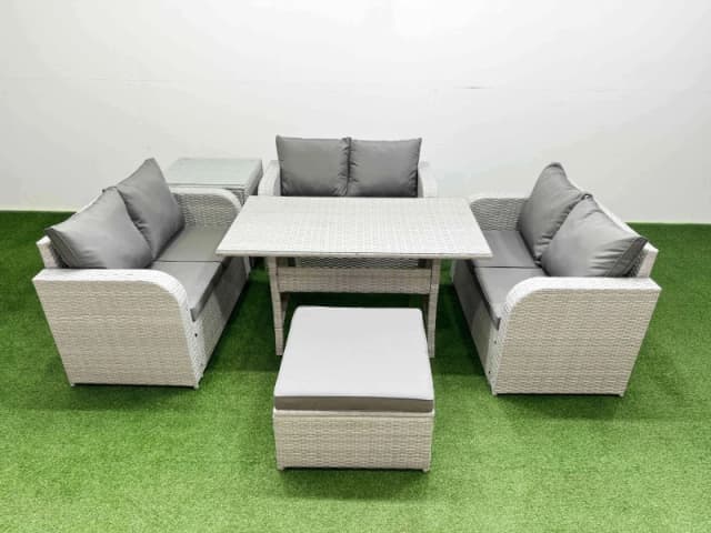 Fimous 7 Seater PE Wicker Rattan Furniture Sofa Sets with Rectangular Dining Table 2 Seater Love Sofa Big Footstool Side Table Light Grey Light Grey