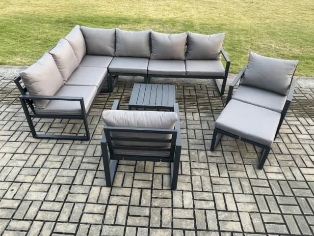 Fimous 9 Seater Aluminium Garden Furniture Set Outdoor Lounge Corner Sofa 2 Pcs Chair Square Coffee Table Sets with Big Footstool Dark Grey Dark Grey