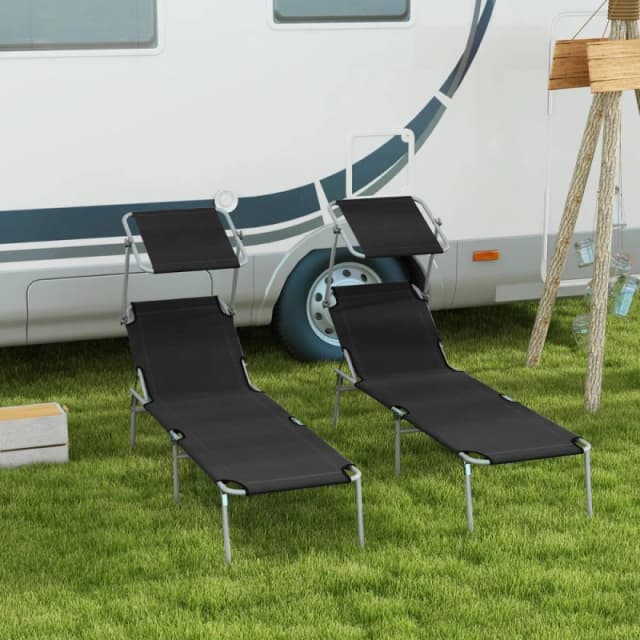 Outsunny Folding Sun Lounger Set of 2 w/ Sunshade Adjustable Backrest Black 84B-001V01BK