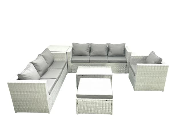 Fimous Wicker PE Rattan Sofa Garden Furniture Set with Armchair Oblong Coffee Table Big Footstool Side Table Light Grey Mixed Light Grey