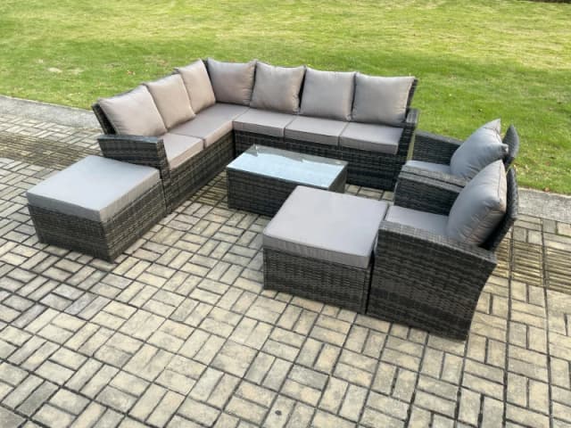 Fimous 10 Seater High Back Outdoor Garden Furniture Set Rattan Corner Sofa Set With Rectangular Coffee Table 2 Big Footstool in Dark Grey Dark Grey Un