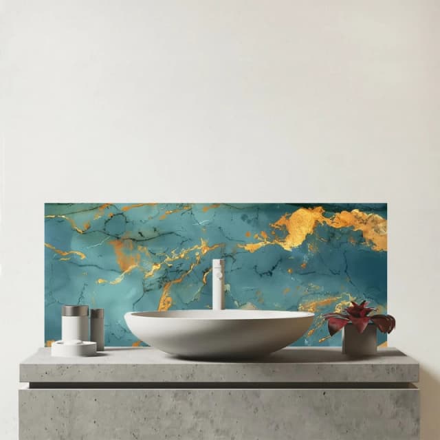 Warren Reed - Designer Gold & Azure Marble Effect Glass Bathroom Splashback in Blue Blue Unisex