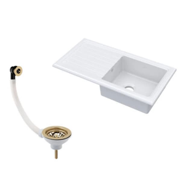 Balterley 1 Bowl Fireclay Ceramic Inset Sink, Drainer & Brass Waste 1010mm White White Unisex