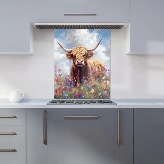 Warren Reed - Designer Highland Cow In A Summer Meadow Kitchen Splashback Size: 600mm x 750mm Multicolor Unisex 600mm x 750mm