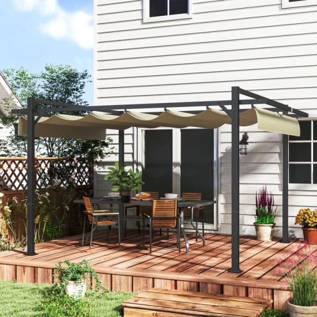 Outsunny 3 x 4m Pergola with Retractable Roof and Aluminium Frame, Khaki Khaki