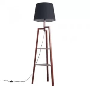 Towa Dark Wood Tripod Floor Lamp with Shelves and XL Black Aspen Shade