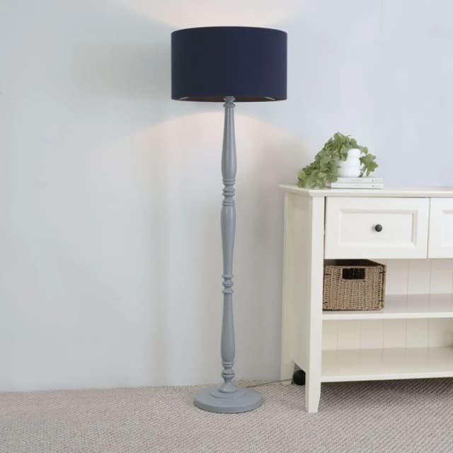 ValueLights Victoria Grey Wood Traditional Stem Floor Lamp with Fabric Drum Shade Navy