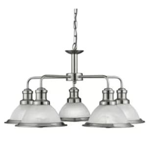 Bistro 5 Light Multi Arm Ceiling Pendant Satin Silver, Acid Glass, E27