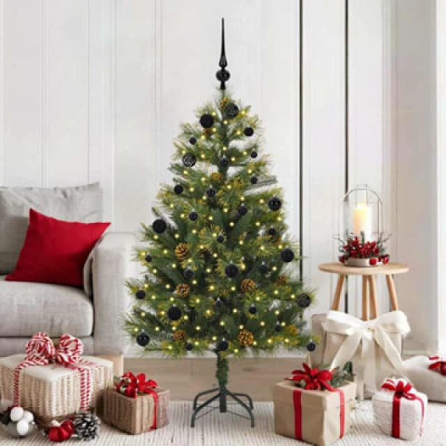 vidaXL Artificial Hinged Christmas Tree with Cones, Black Balls Green 150 cm, Green 3395081