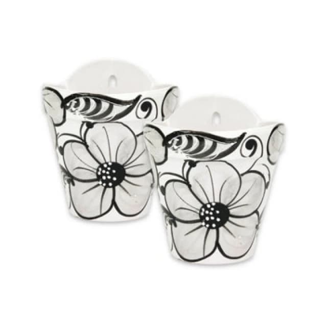 Verano Spanish Ceramics Grey Flowers Hand Painted Set of 2 Outdoor Garden Hanging Plant Pots (D) 22cm Grey unisex