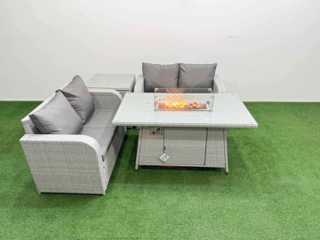 Fimous 4 Seater Outdoor Love Sofa Set Rattan Garden Furniture Set with Firepit Dining Table Side Table Light Grey Light Grey