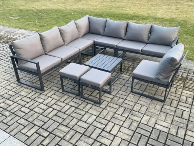 Fimous 10 Seater Patio Outdoor Garden Furniture Aluminium Lounge Corner Sofa Set with Square Coffee Table 2 Small Footstools Dark Grey Dark Grey Unise