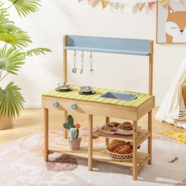 Costway Outdoor Mud Kitchen Set Wooden Play Kitchen W/ Detachable Sink