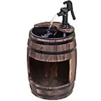 Outsunny Fir Wood Barrel Pump Fountain W/ Flower Planter, F32x58.5H cm Brown