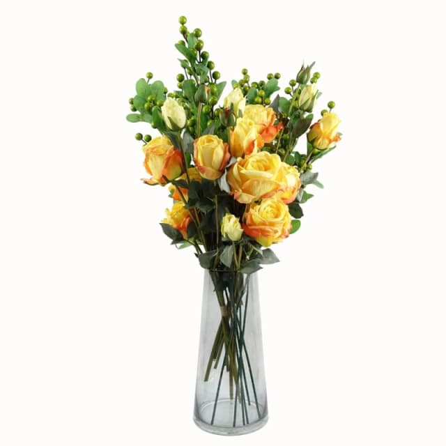 Leaf High-Quality 60cm Yellow Rose Artificial Flowers with Glass Vase