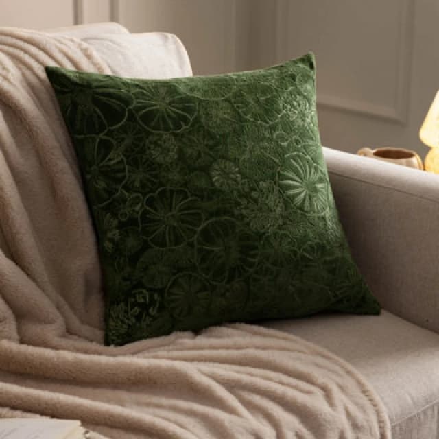 Picking Patch Embroidered Velvet Cushion Greenwood, Greenwood / 45 x 45cm / Polyester Filled