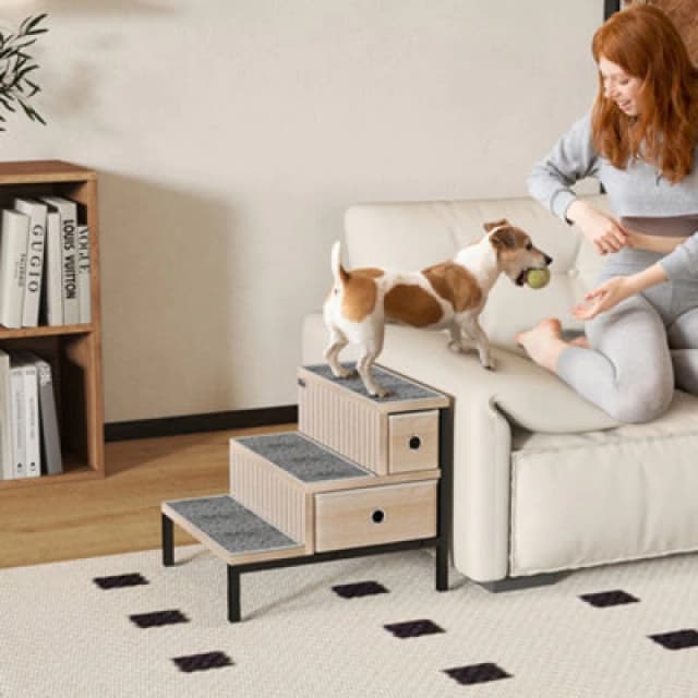 Pawhut Dog Stairs With Storage, Dog Steps For Older Cats & Small Dogs, Oak